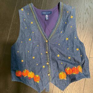 Vintage 90's Karen Scott Denim Vest w/Embroidered Pumpkins - L